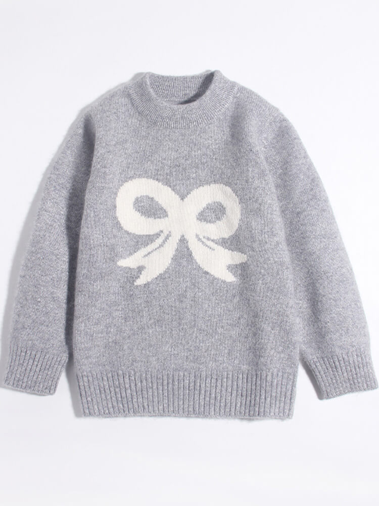 Gray Ribbon Bow Intarsia Cashmere Crewneck Sweater